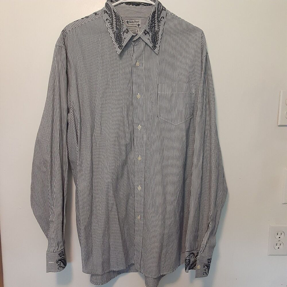 Lucky Brand Mens 2XL Blue White Striped Paisley Long Sleeve Button Up Shirt